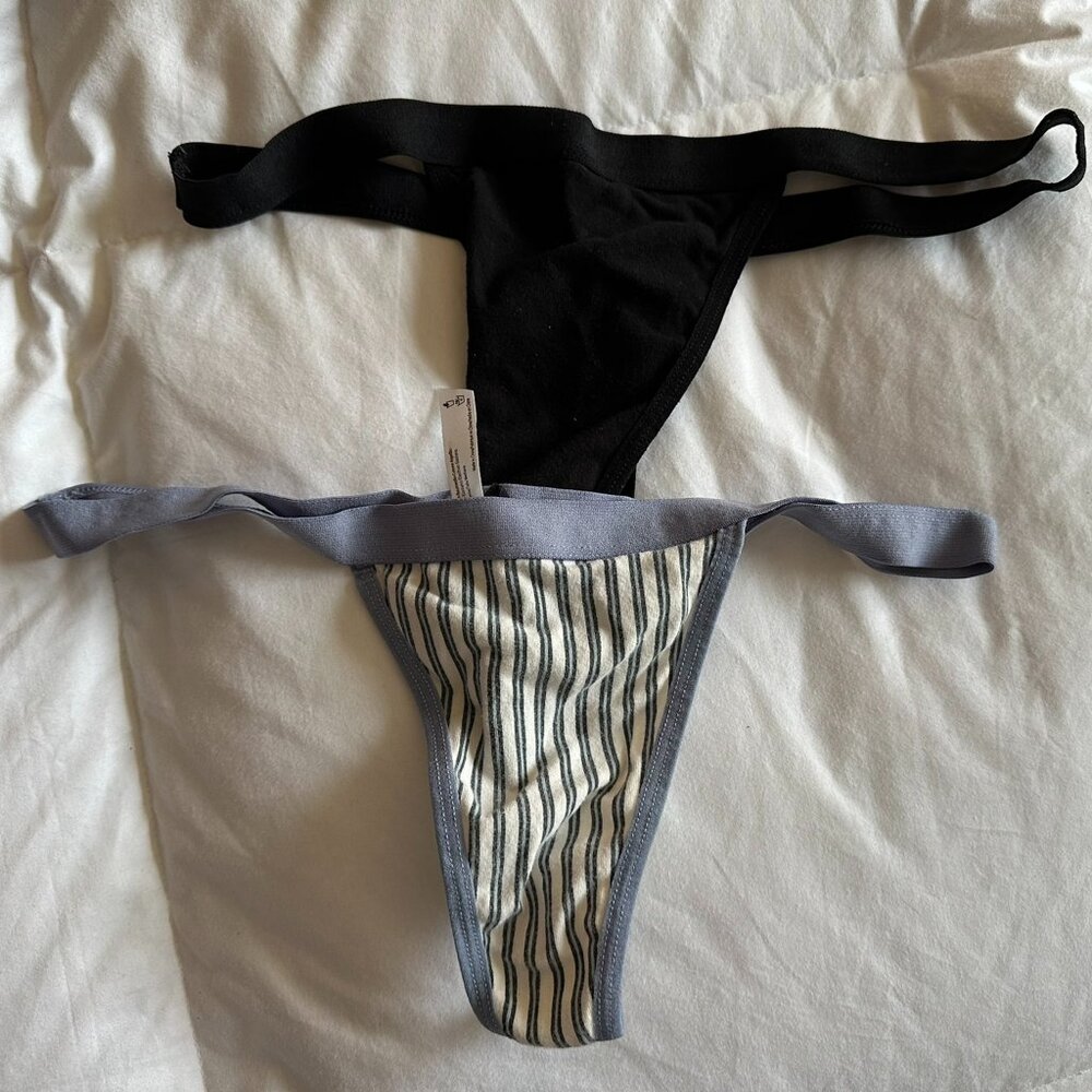 Lot of 2 Urban Outfitters Simple Cotton Thong Out From Under Black / Blue Stripe